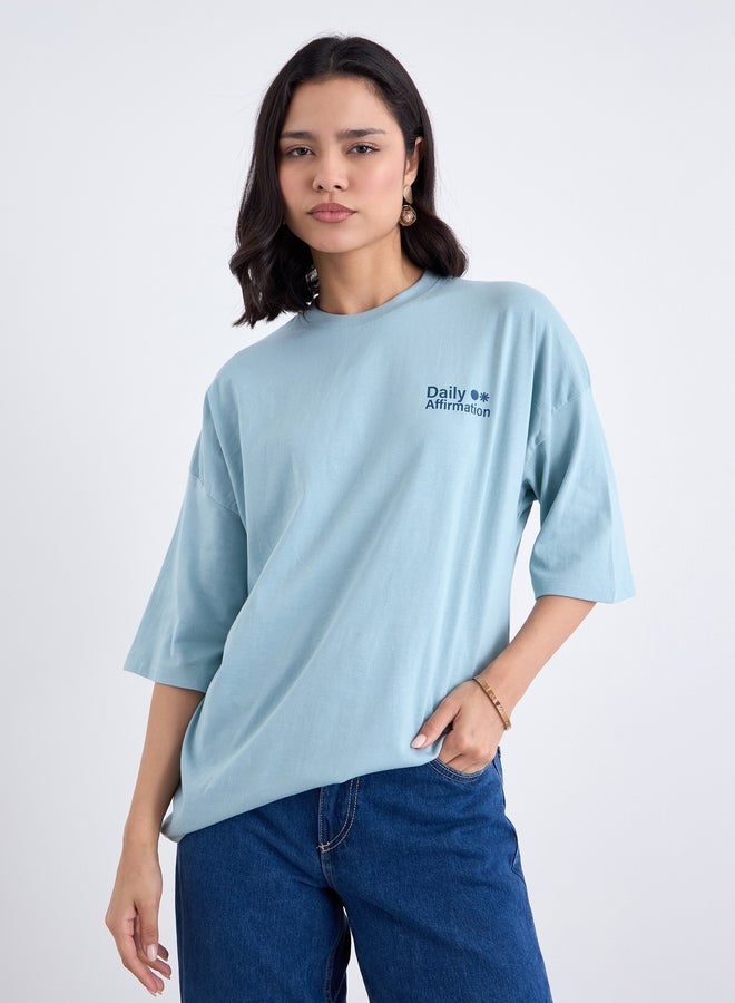 Styli Blue Oversized Slogan Print T-Shirt - Image 1